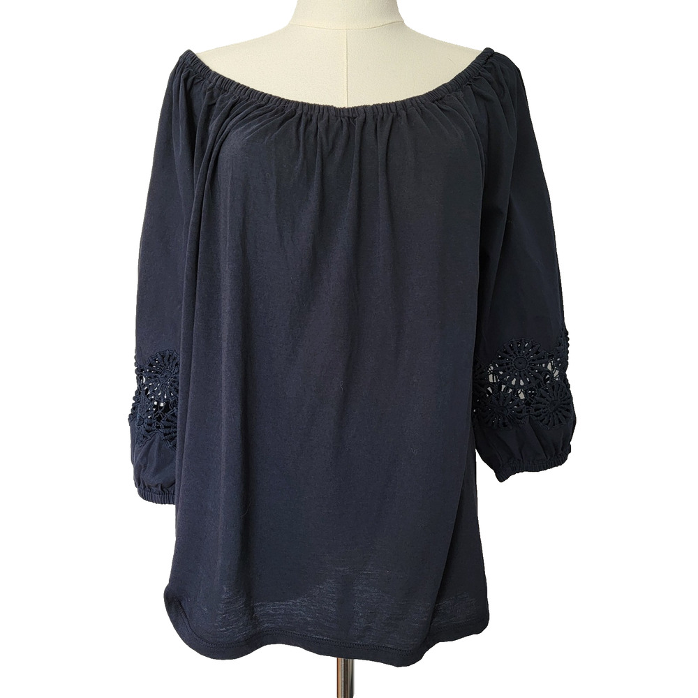 Loft Navy Eyelet Balloon Sleeve Top Fall Size M Cottagecore Country Boho Casual
